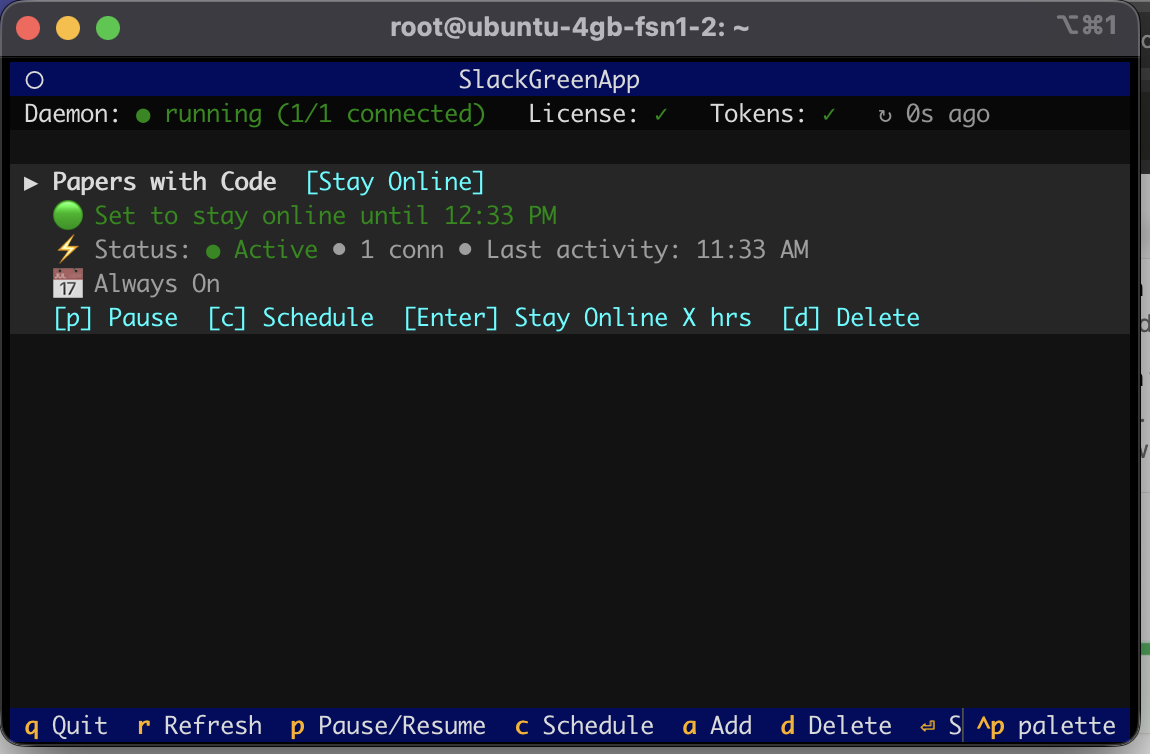 Slack Green CLI TUI showing a connected workspace with active status