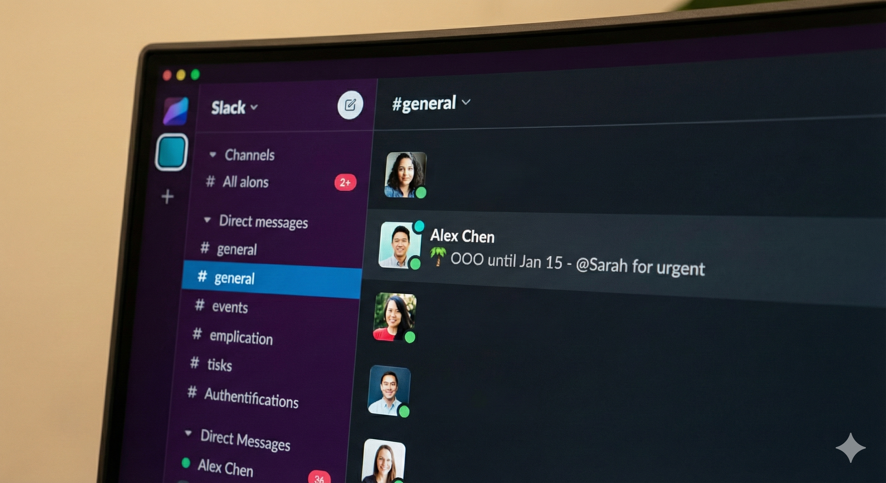 Slack workspace sidebar showing a user profile with green active status dot, displaying status message 'OOO until Jan 15 - @Sarah for urgent' next to the username in a channel member list