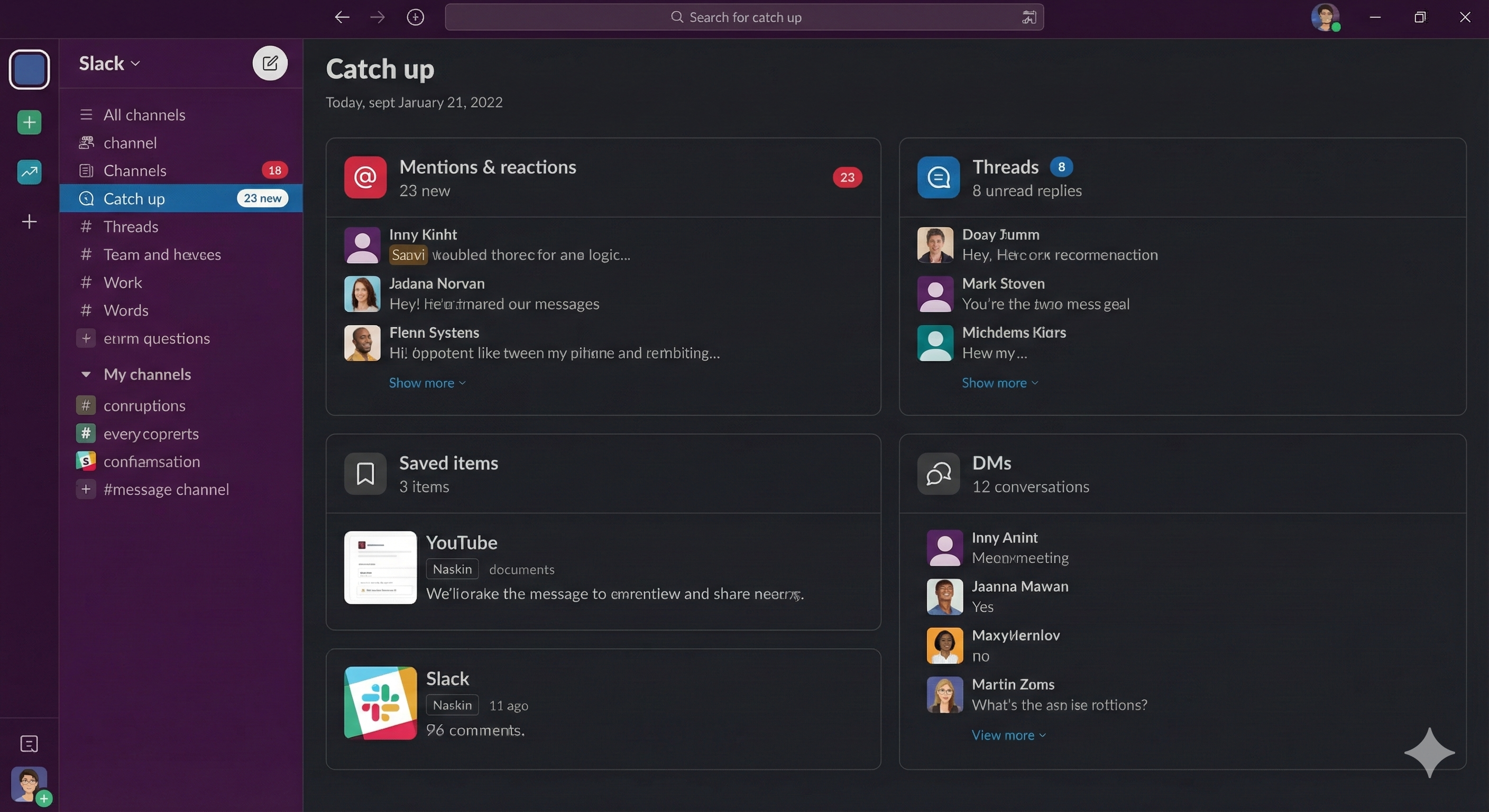 Slack interface showing Catch up view with sections: Mentions and reactions showing 23 new, Threads showing 8 unread replies, Saved items showing 3 items, and DMs showing 12 conversations