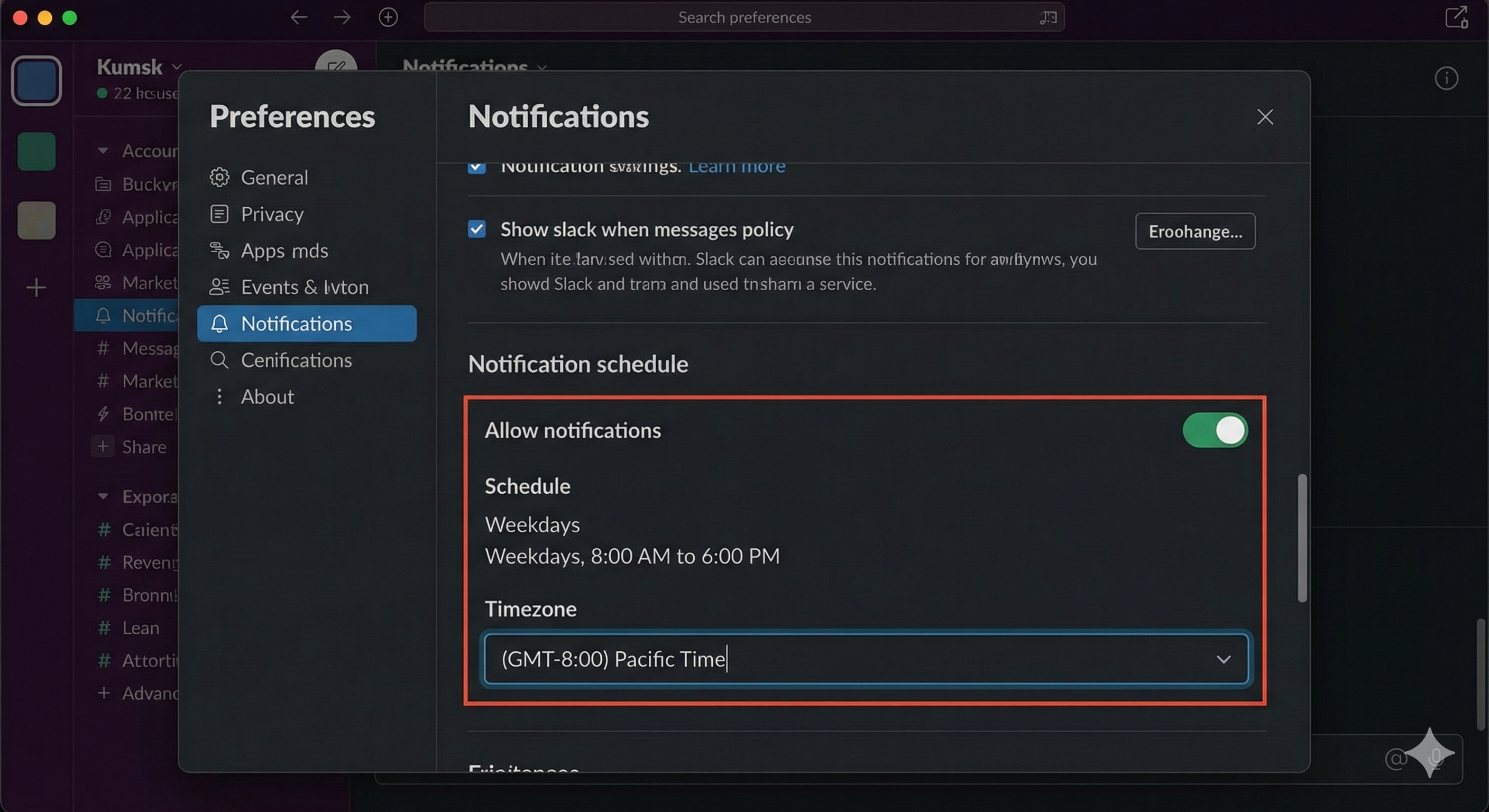 Slack Preferences Notifications panel showing Notification schedule section with toggle Allow notifications: Weekdays, 8:00 AM to 6:00 PM enabled, and timezone set to Pacific Time